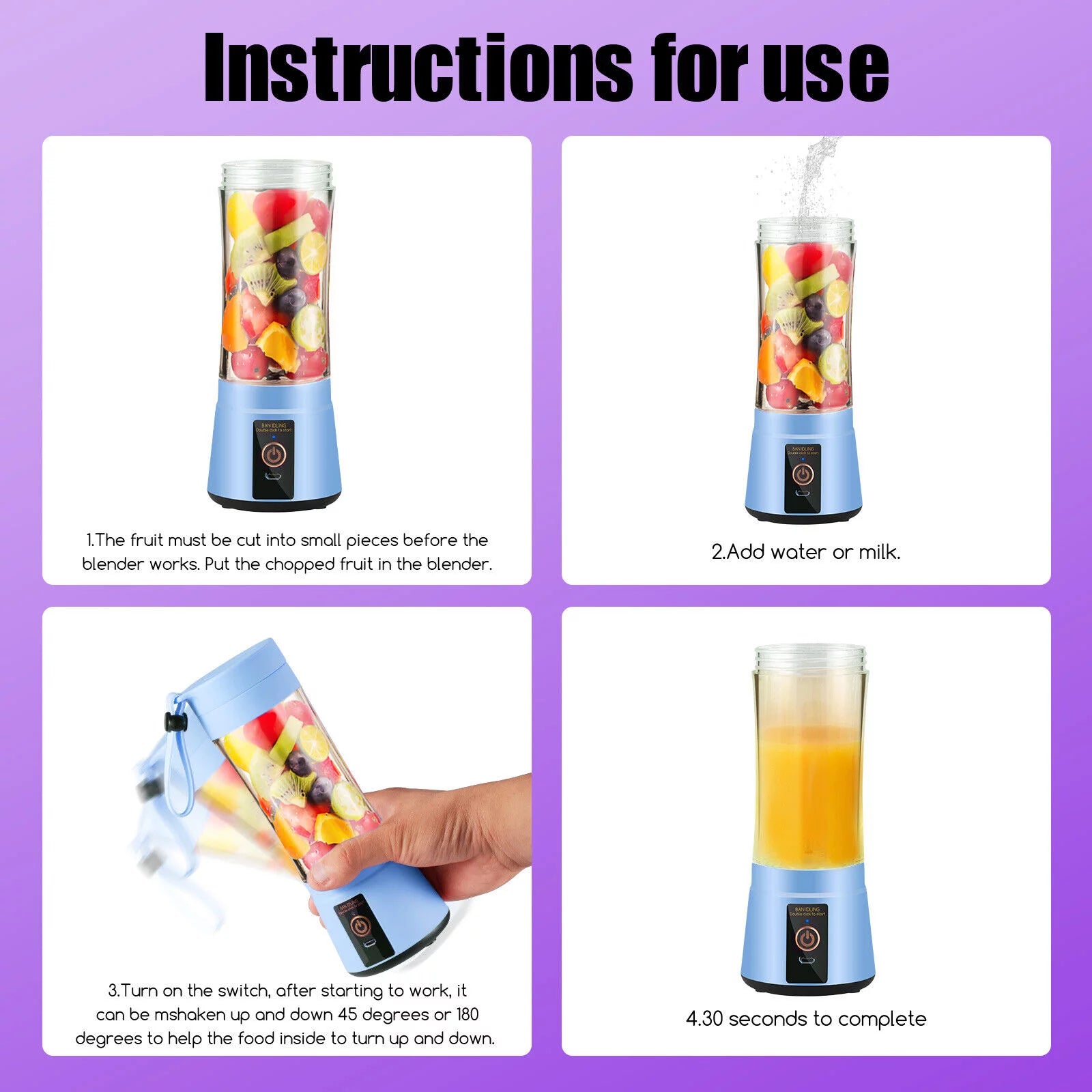 308Ml Portable Juicer for Fruit Smoothie Shake Juice, Personal Portable Blender Cup USB Rechargeable Travel